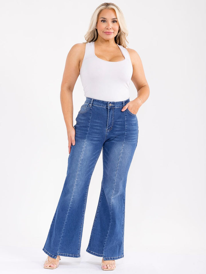 PLUS SIZE BUTTON CLOSURE POCKETS STRETCH DENIM WASHED BELL BOTTOM PANTS