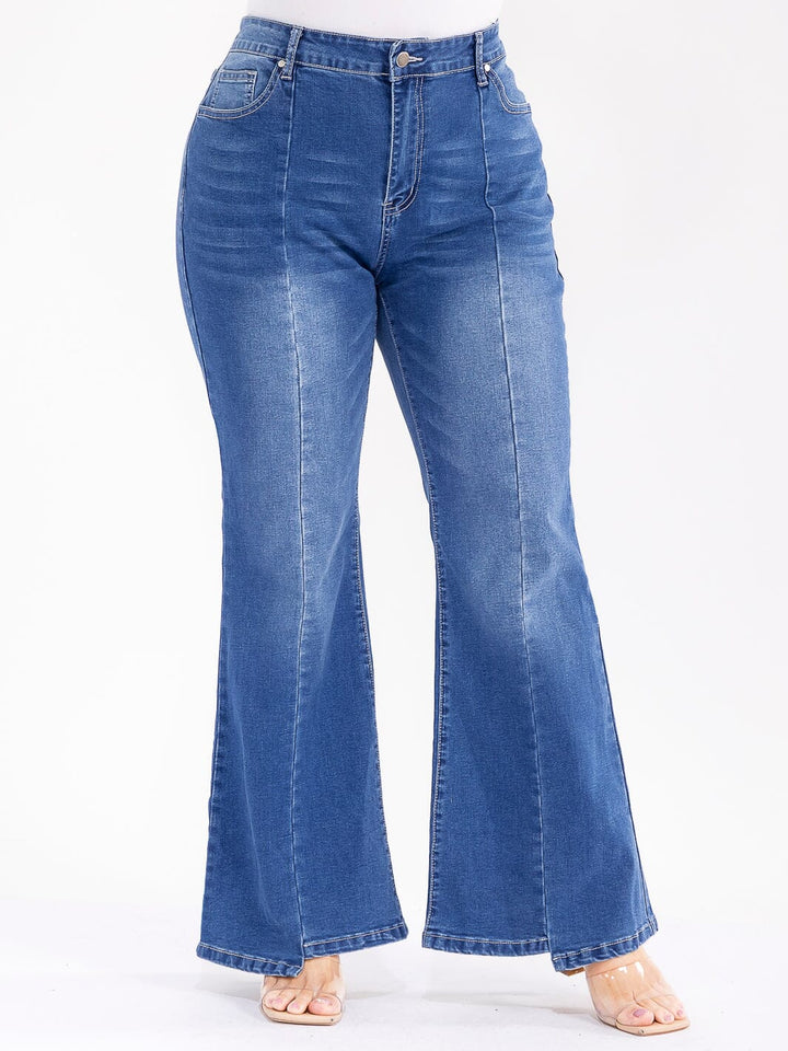 PLUS SIZE BUTTON CLOSURE POCKETS STRETCH DENIM WASHED BELL BOTTOM PANTS