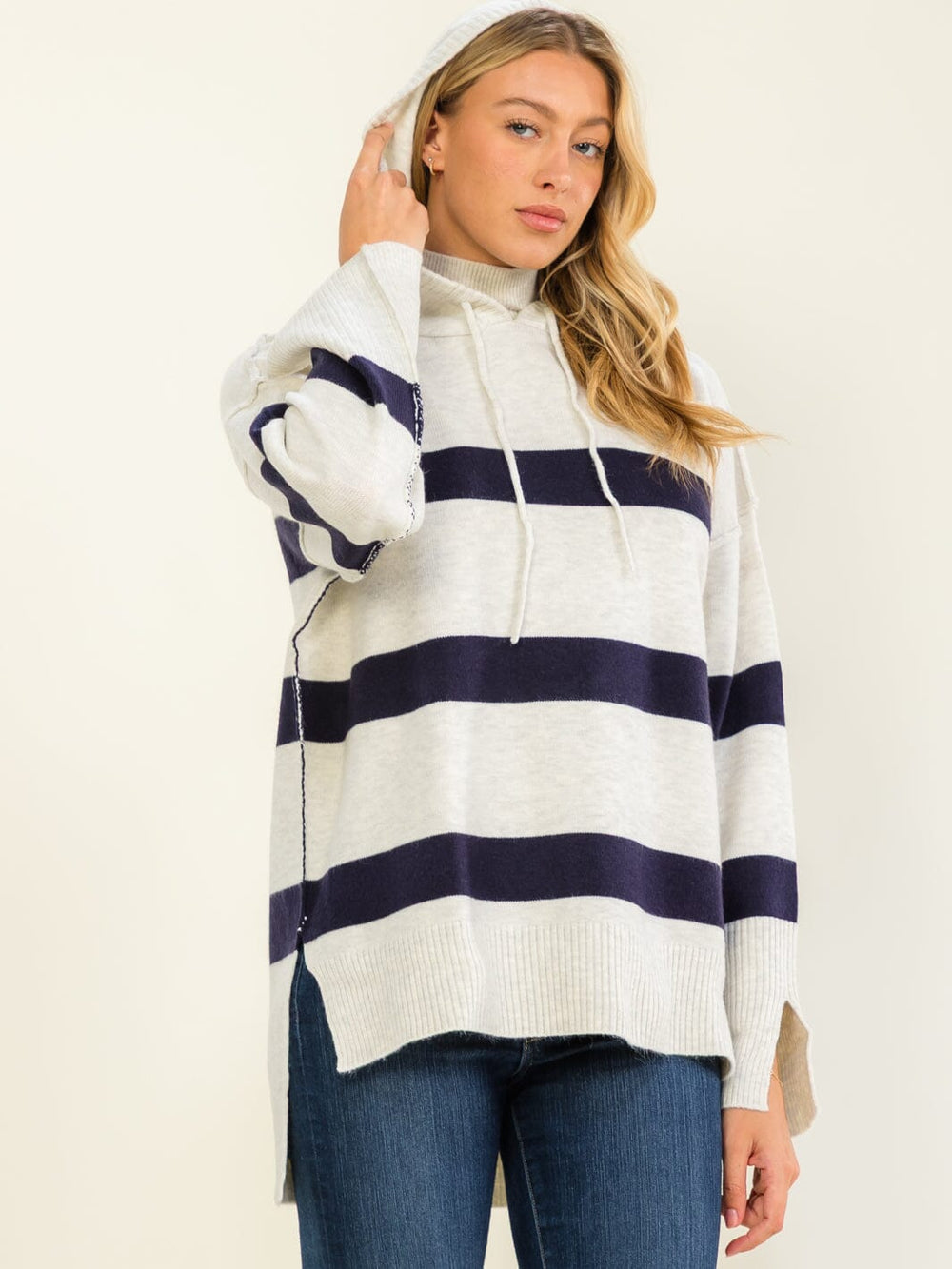 WOMEN'S LONG SLEEVE HIGH-LOW STRIPES PULLOVER HOODED SWEATER