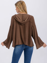 WOMEN'S LONG BELL SLEEVE V-NECK HOODED OVERSIZED TOP