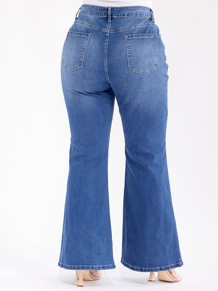 PLUS SIZE BUTTON CLOSURE POCKETS STRETCH DENIM WASHED BELL BOTTOM PANTS