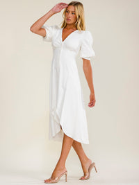 WOMEN'S SHORT PUFF SLEEVES V-NECK HIGH-LOW MIDI DRESS
