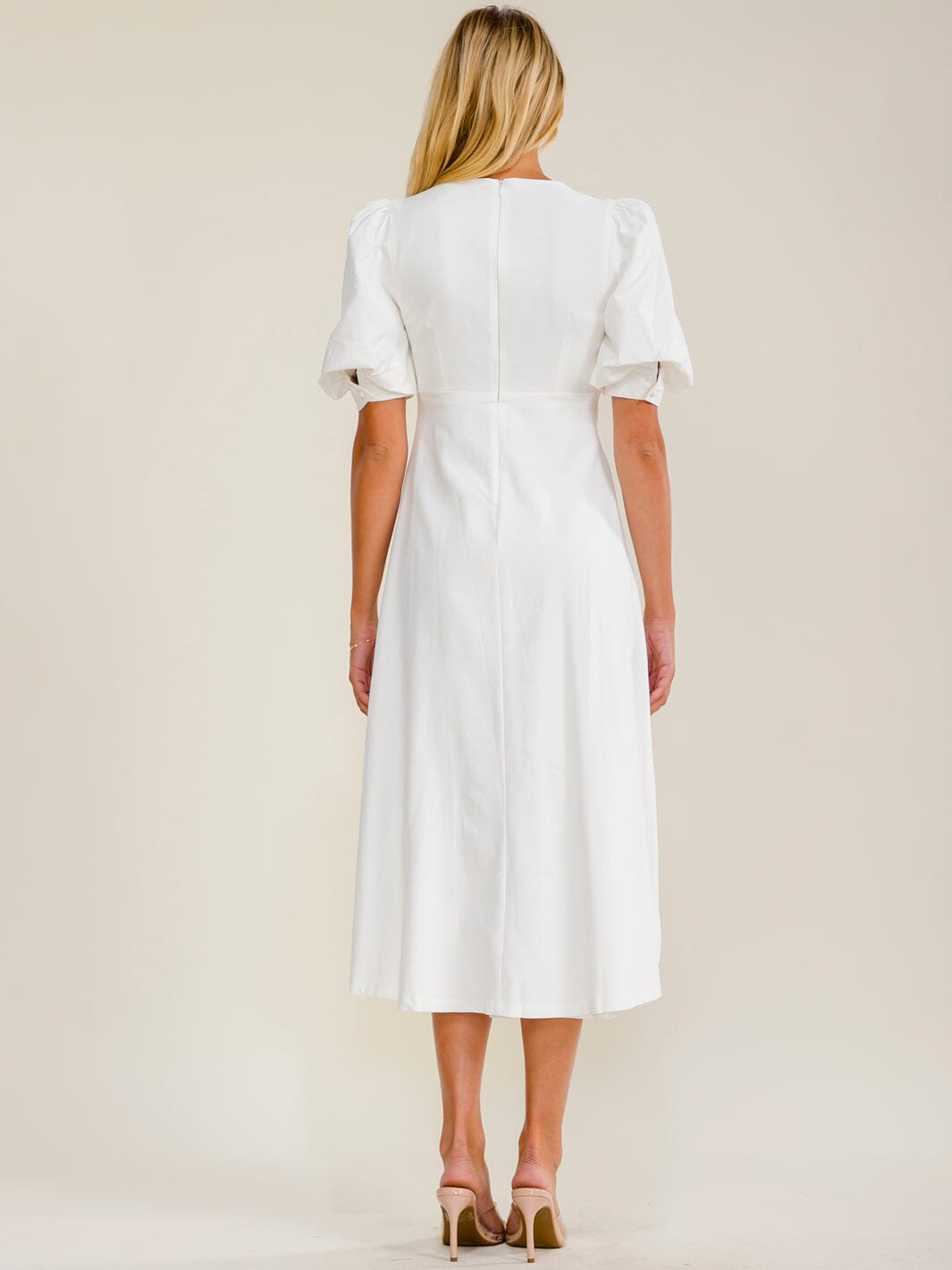 WOMEN'S SHORT PUFF SLEEVES V-NECK HIGH-LOW MIDI DRESS