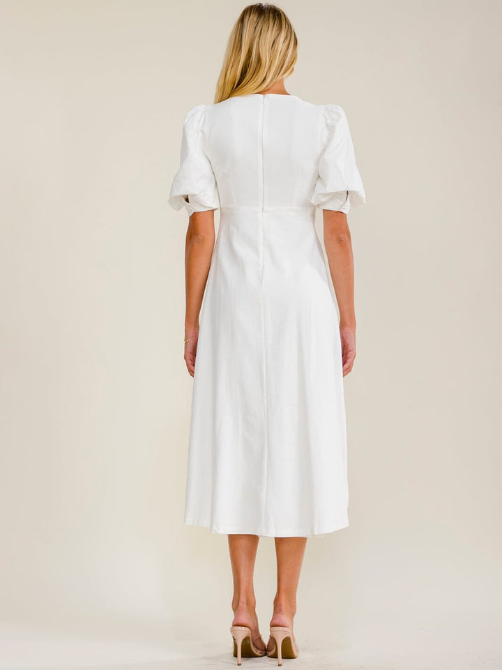 WOMEN'S SHORT PUFF SLEEVES V-NECK HIGH-LOW MIDI DRESS