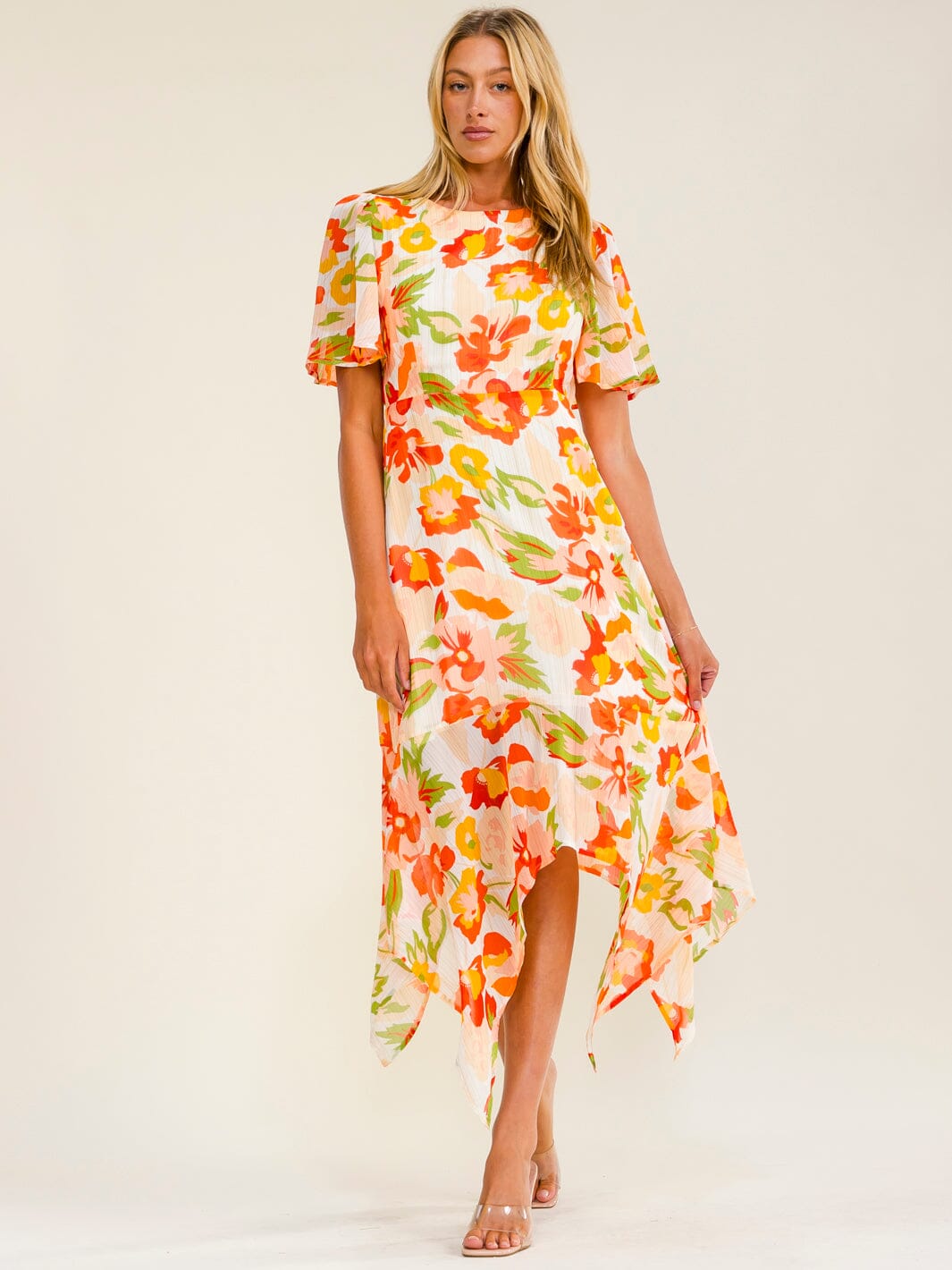 WOMEN'S SHORT SLEEVE ELASTIC WAIST HIGH-LOW FLORAL MIDI DRESS