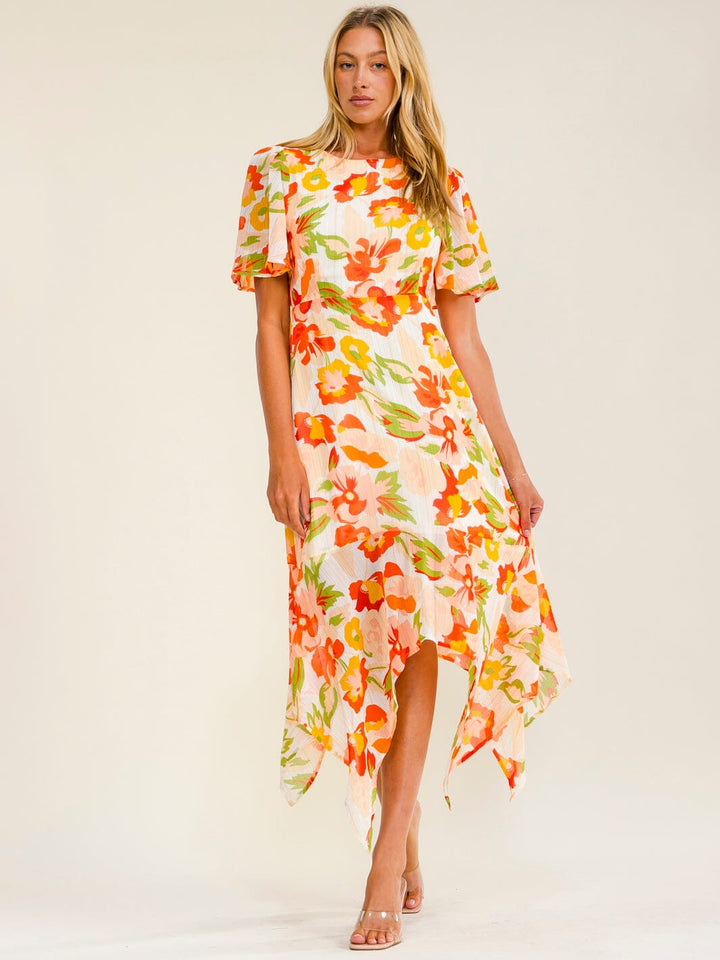 WOMEN'S SHORT SLEEVE ELASTIC WAIST HIGH-LOW FLORAL MIDI DRESS