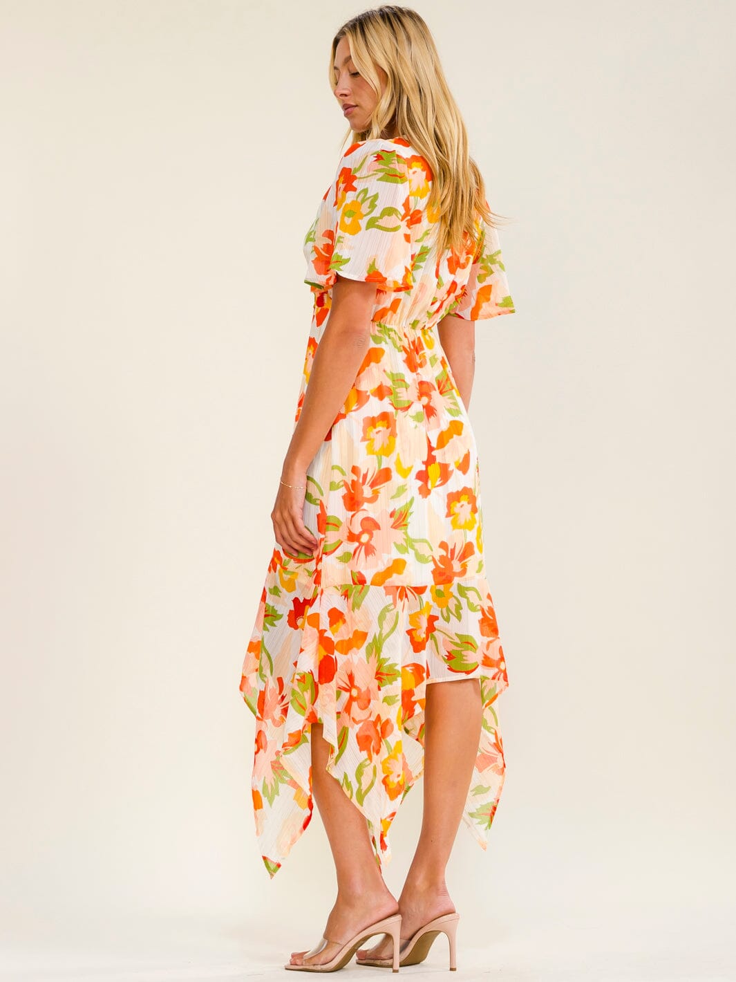 WOMEN'S SHORT SLEEVE ELASTIC WAIST HIGH-LOW FLORAL MIDI DRESS