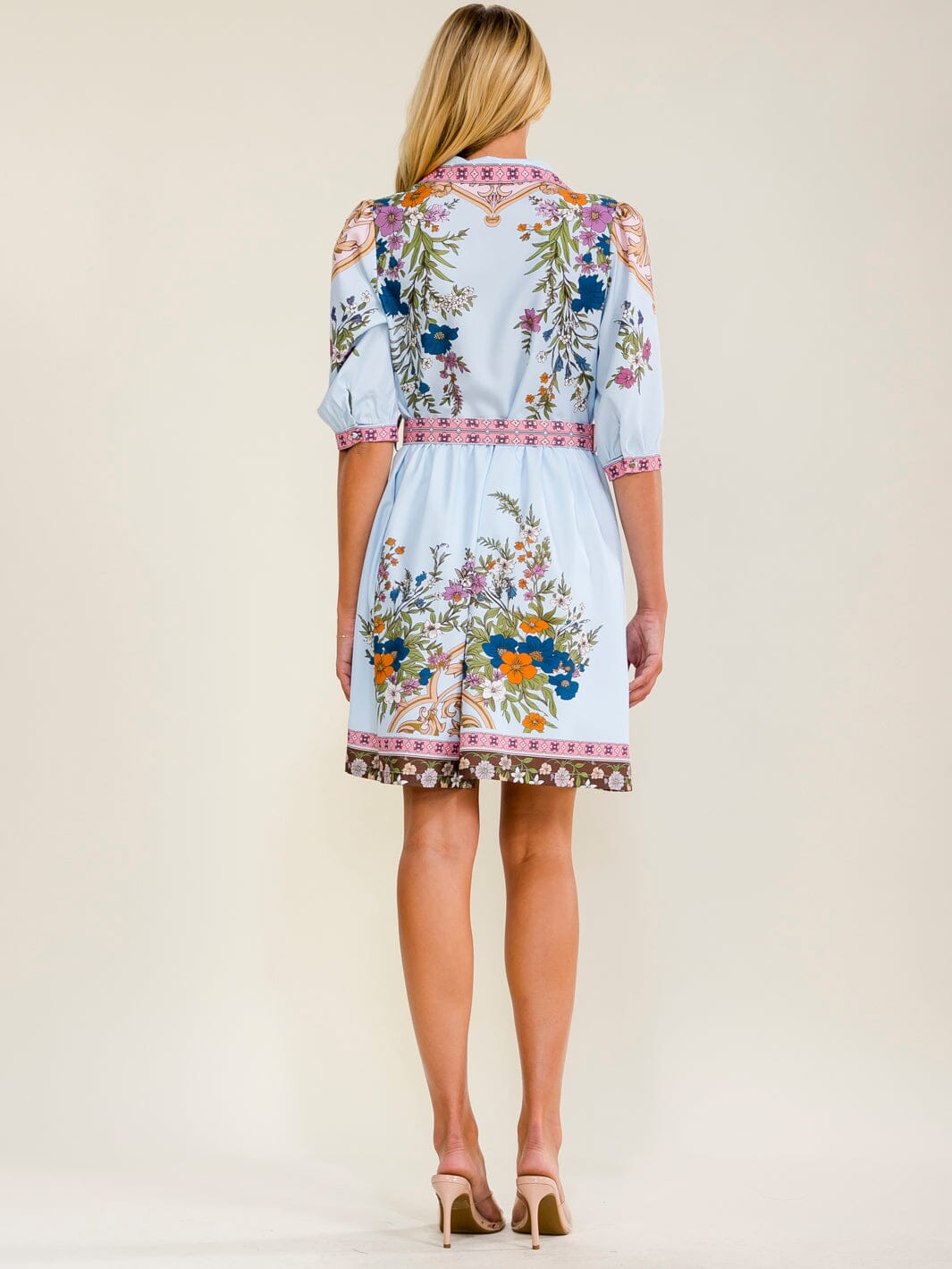 WOMEN'S SHORT SLEEVES BUTTON UP BELTED FLORAL MINI DRESS