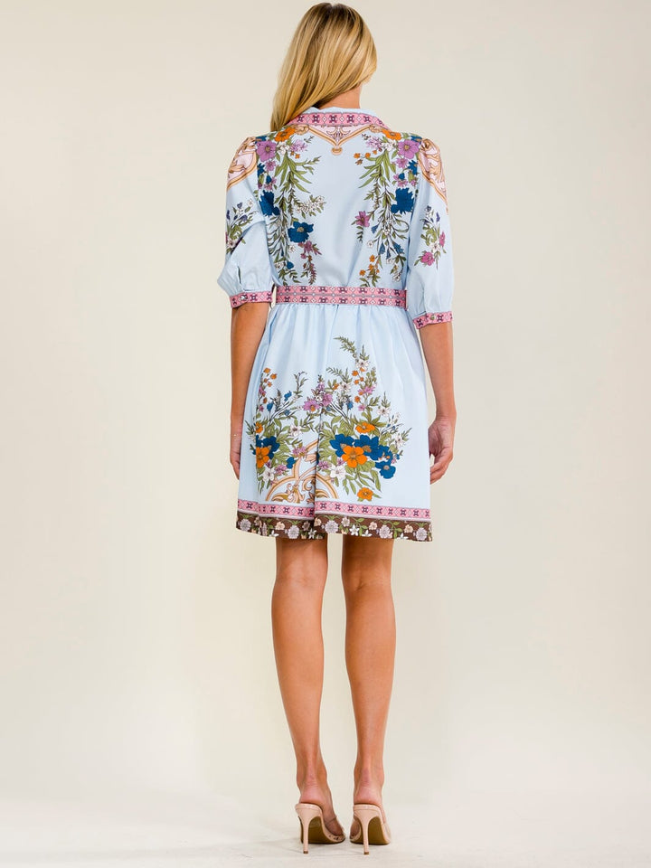 WOMEN'S SHORT SLEEVES BUTTON UP BELTED FLORAL MINI DRESS