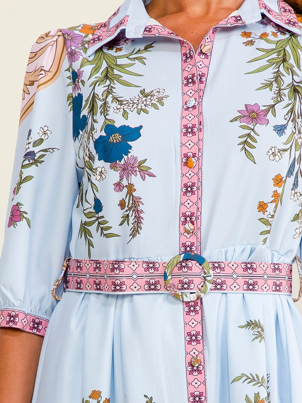 WOMEN'S SHORT SLEEVES BUTTON UP BELTED FLORAL MINI DRESS