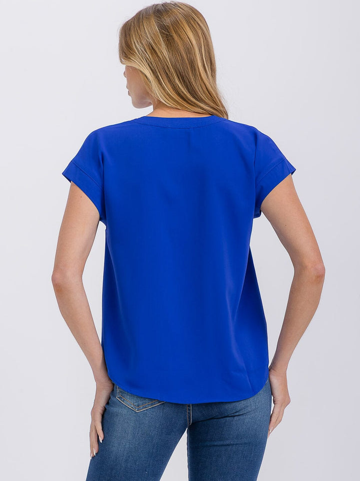 WOMEN'S SHORT SLEEVE V-NECK SOLID BLOUSE