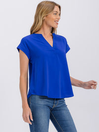 WOMEN'S SHORT SLEEVE V-NECK SOLID BLOUSE