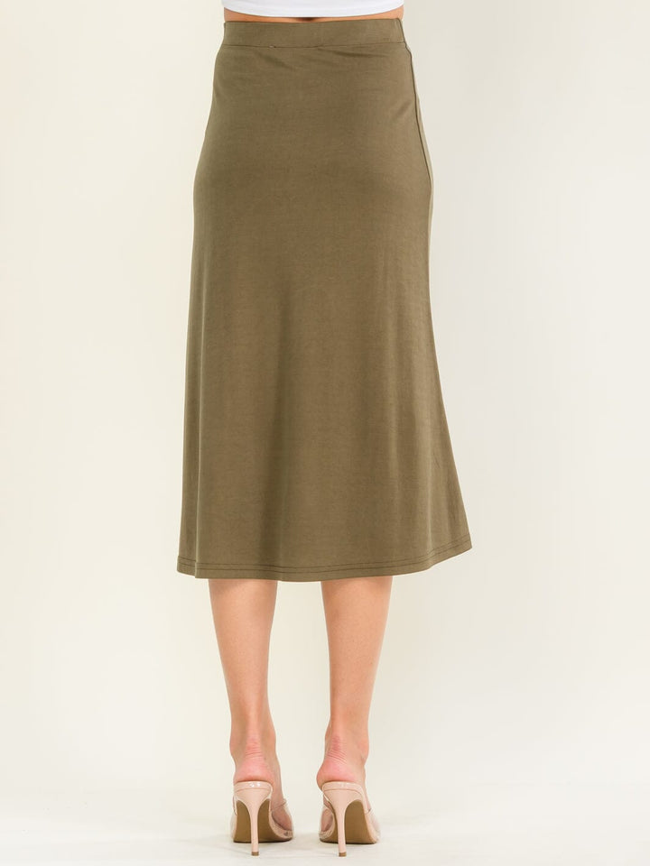 WOMEN'S ELASTIC WAIST SOLID MIDI SKIRT