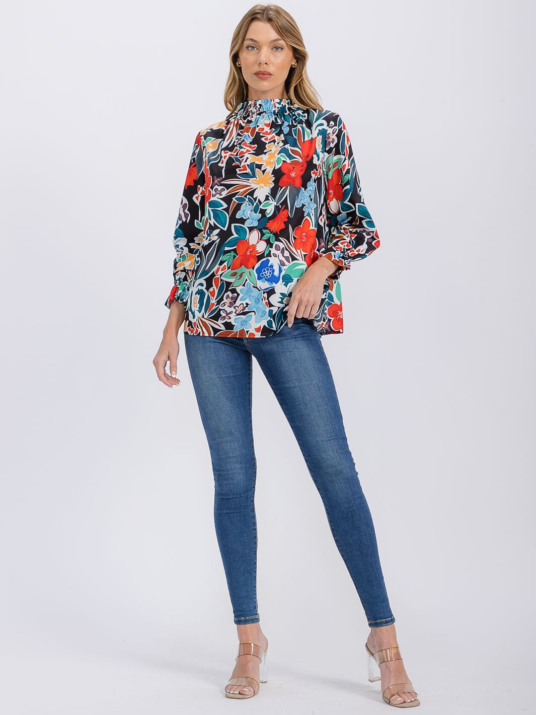 WOMEN'S 3/4 SLEEVE MOCK NECK FLORAL BLOUSE