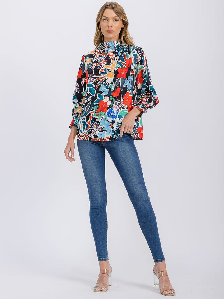 WOMEN'S 3/4 SLEEVE MOCK NECK FLORAL BLOUSE