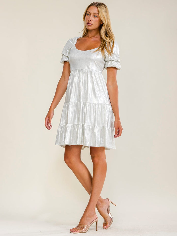 WOMEN'S SHORT PUFF SLEEVE TIERED SHIMMER MINI DRESS