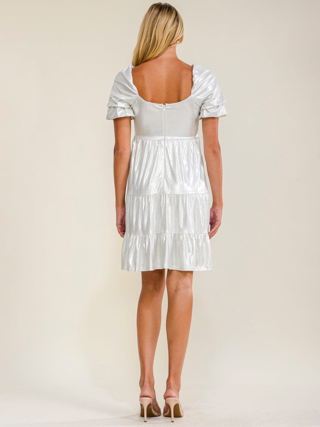 WOMEN'S SHORT PUFF SLEEVE TIERED SHIMMER MINI DRESS