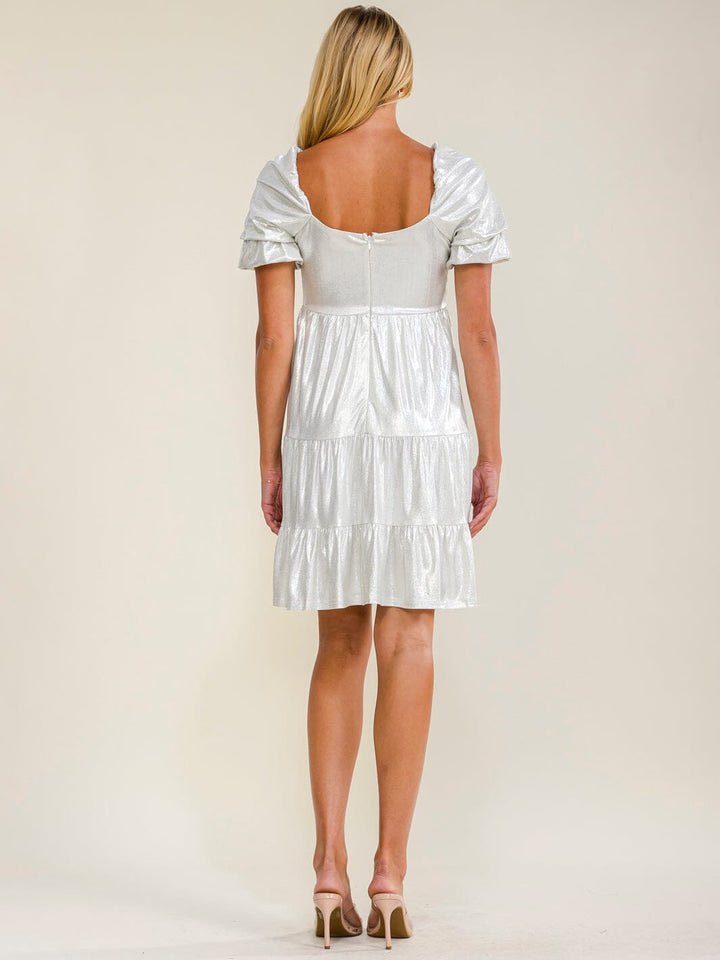 WOMEN'S SHORT PUFF SLEEVE TIERED SHIMMER MINI DRESS