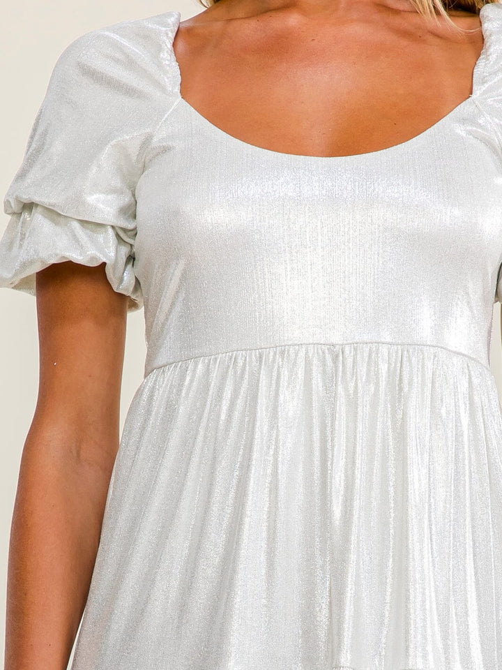 WOMEN'S SHORT PUFF SLEEVE TIERED SHIMMER MINI DRESS