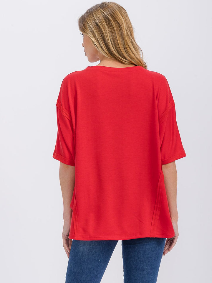 WOMEN'S SHORT SLEEVE V-NECK FRONT POCKET OVERSIZED TOP