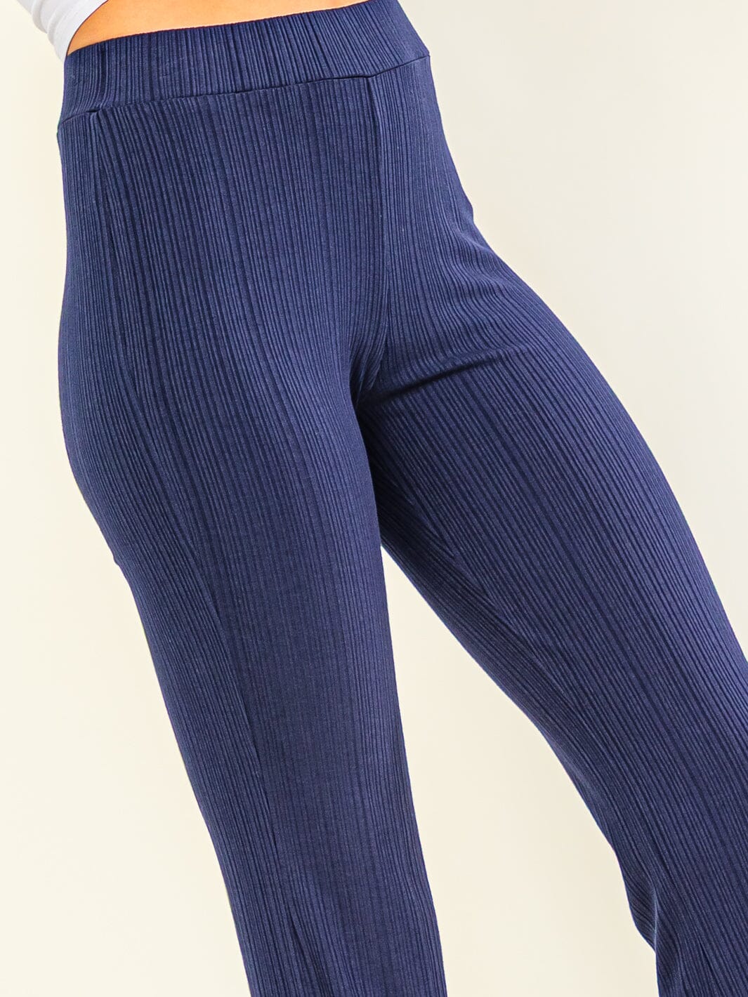 WOMEN'S ELASTIC WAIST RIBBED STRAIGHT LEG PANTS