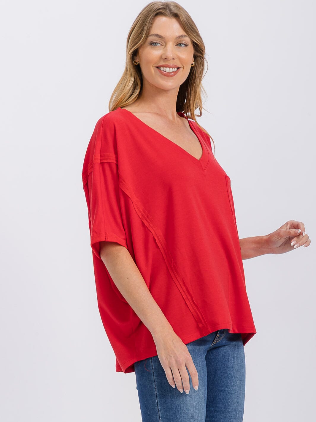 WOMEN'S SHORT SLEEVE V-NECK FRONT POCKET OVERSIZED TOP