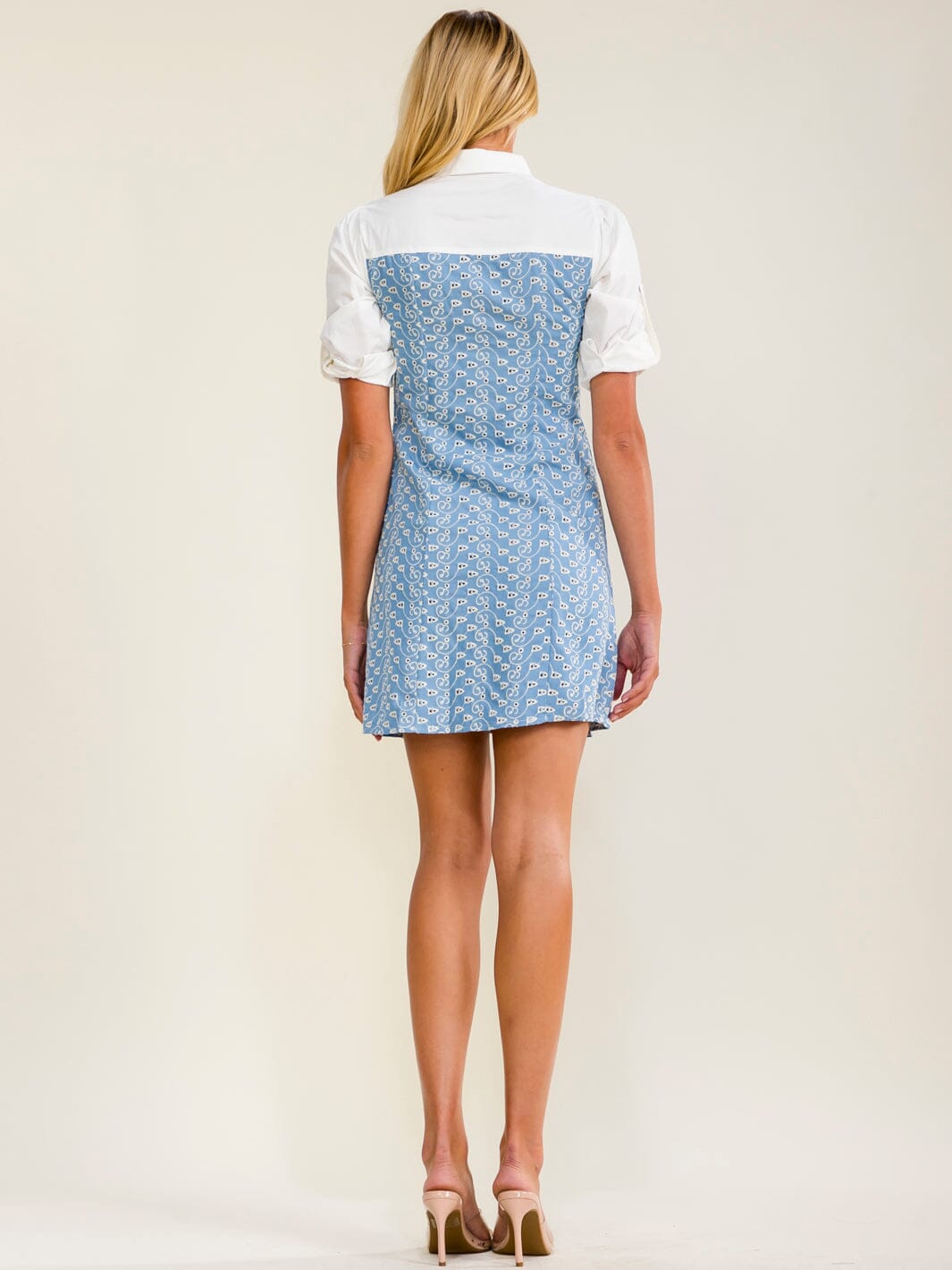 WOMEN'S SHORT SLEEVE BUTTON UP EYELET CONTRAST DENIM MINI DRESS