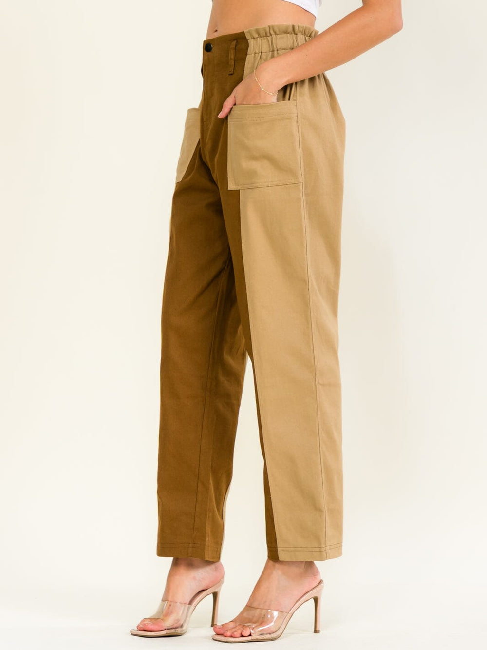 WOMEN'S ELASTIC WAIST BUTTON CLOSURE FRONT POCKETS STRAIGHT DENIM COLORBLOCK PANTS