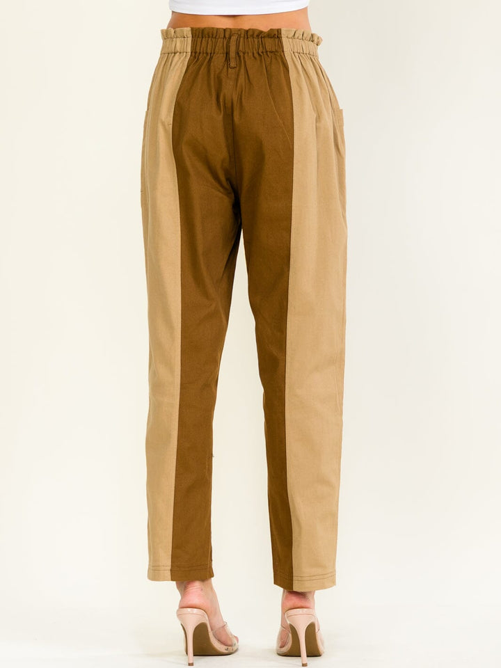 WOMEN'S ELASTIC WAIST BUTTON CLOSURE FRONT POCKETS STRAIGHT DENIM COLORBLOCK PANTS
