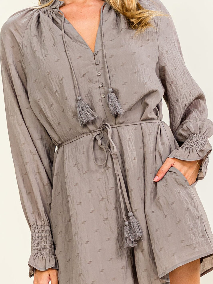 WOMEN'S LONG SLEEVE BUTTON UP POCKETS SELF TIE ROMPER