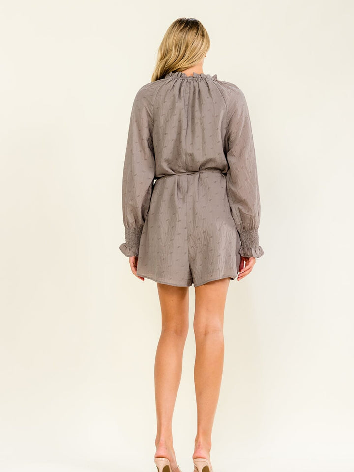 WOMEN'S LONG SLEEVE BUTTON UP POCKETS SELF TIE ROMPER