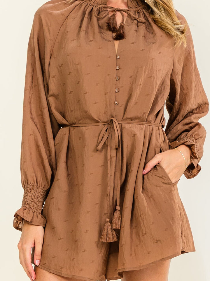 WOMEN'S LONG SLEEVE BUTTON UP POCKETS SELF TIE ROMPER