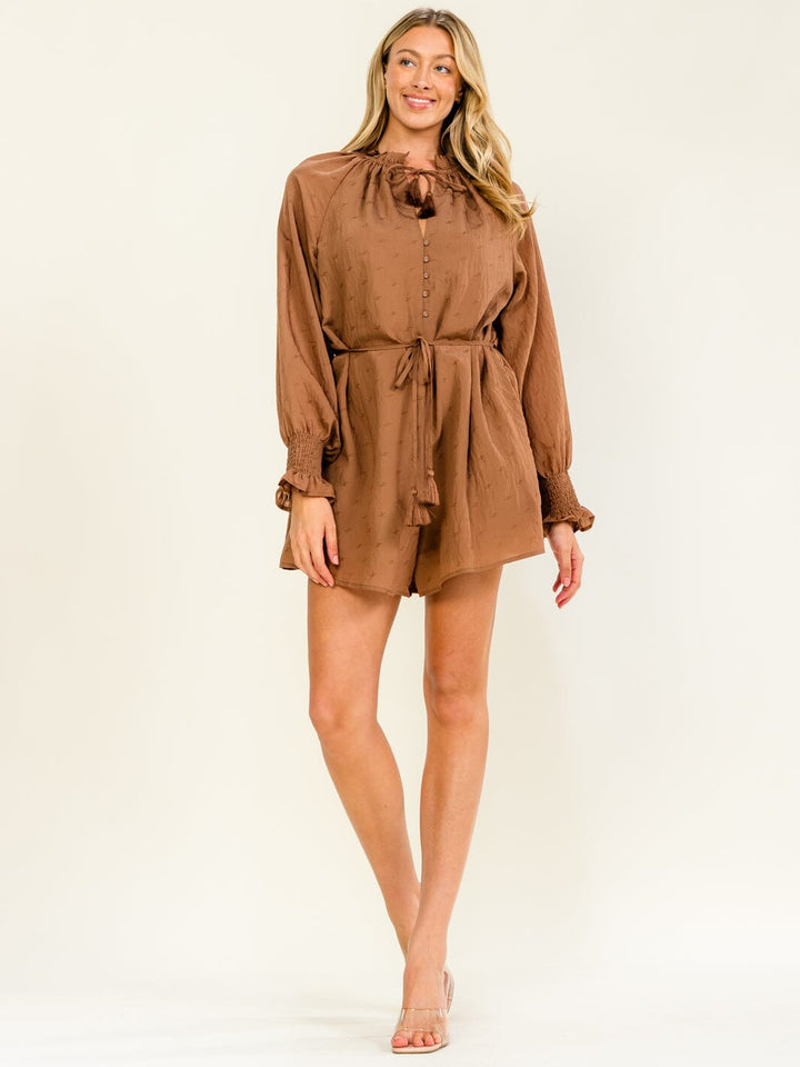 WOMEN'S LONG SLEEVE BUTTON UP POCKETS SELF TIE ROMPER