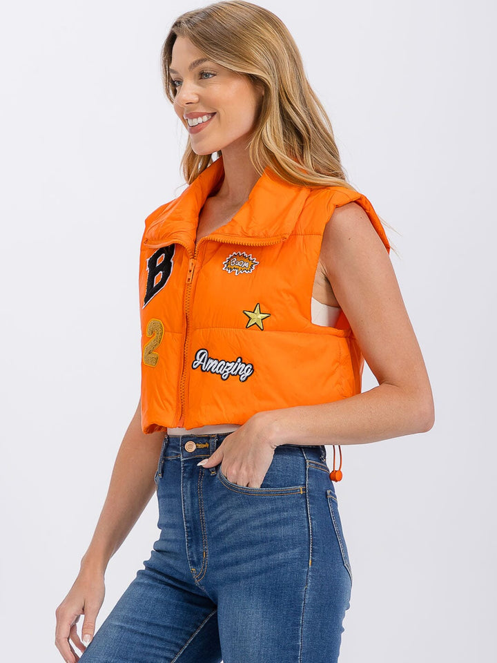 WOMEN'S SLEEVELESS ZIPPER CLOSURE PATCH PUFFER VEST