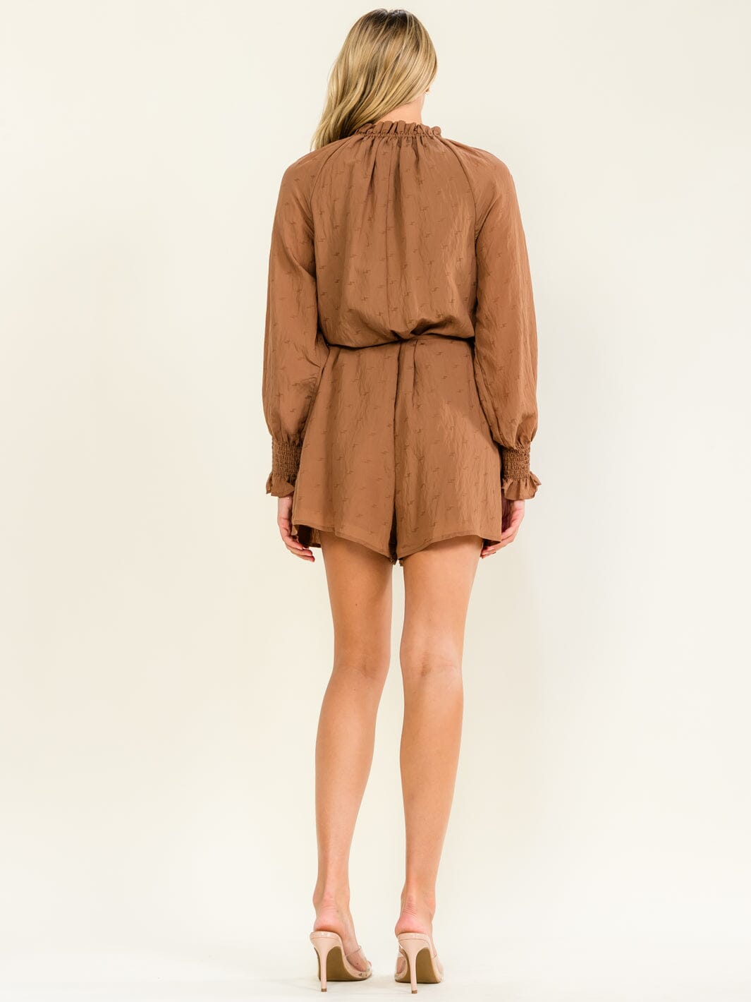 WOMEN'S LONG SLEEVE BUTTON UP POCKETS SELF TIE ROMPER