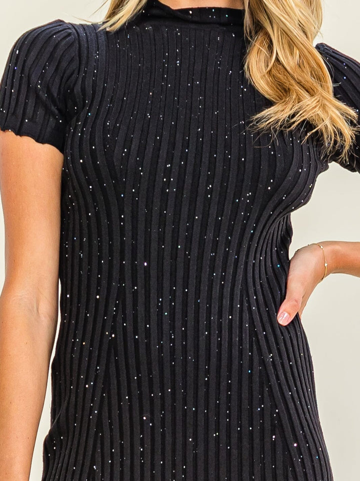 WOMEN'S SHORT SLEEVE TURTLE NECK RIBBED RHINESTONES BODYCON MIDI DRESS