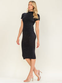 WOMEN'S SHORT SLEEVE TURTLE NECK RIBBED RHINESTONES BODYCON MIDI DRESS