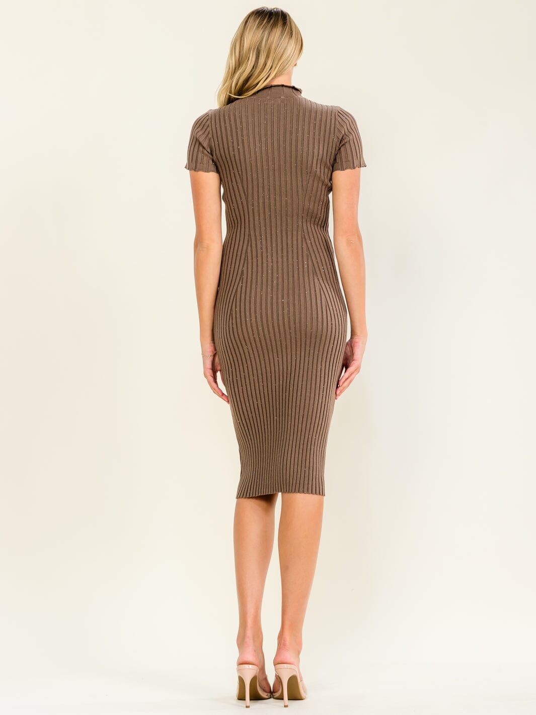 WOMEN'S SHORT SLEEVE TURTLE NECK RIBBED RHINESTONES BODYCON MIDI DRESS