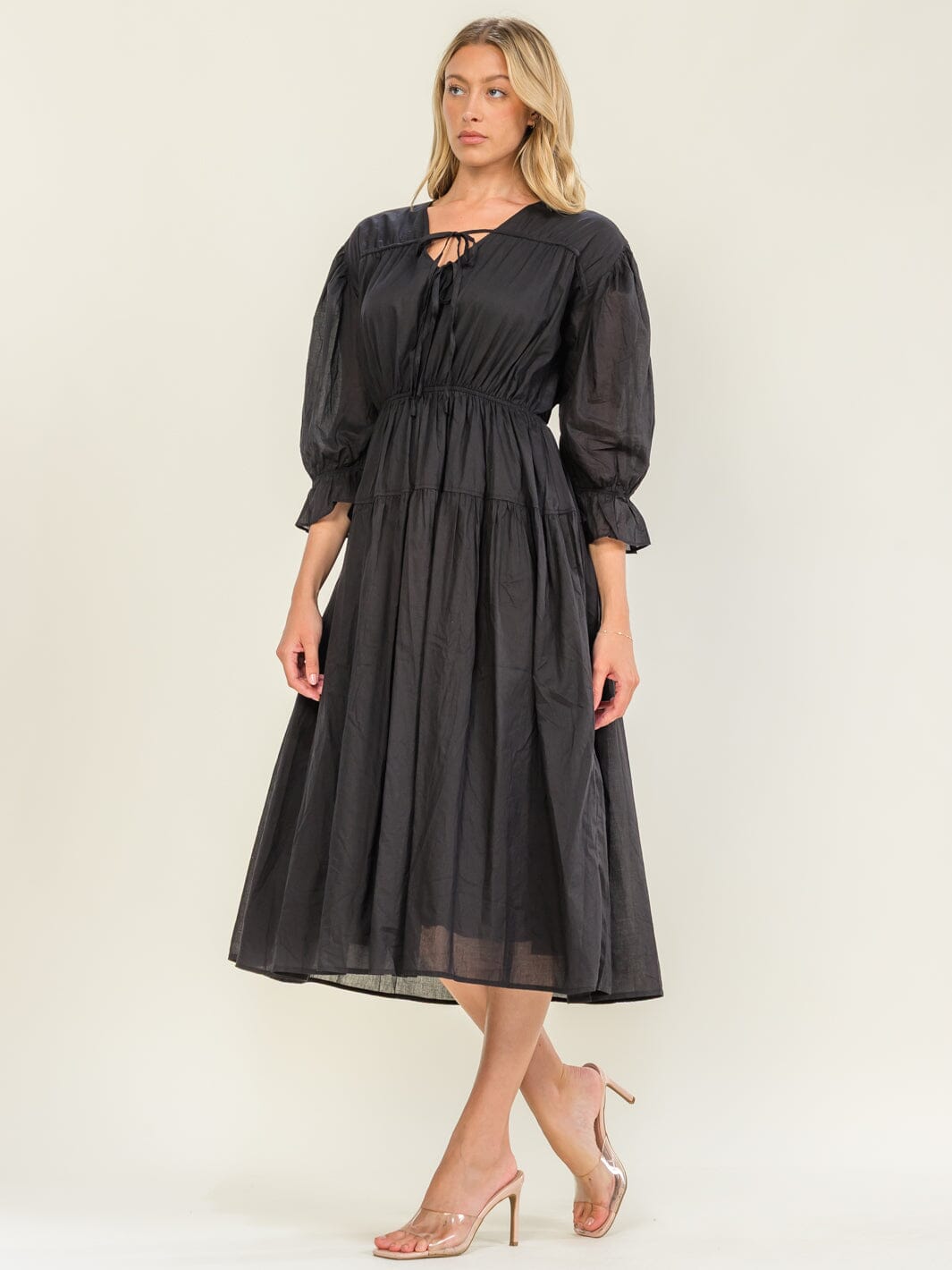 WOMEN'S 3/4 SLEEVE V-NECK ELASTIC WAIST MAXI DRESS
