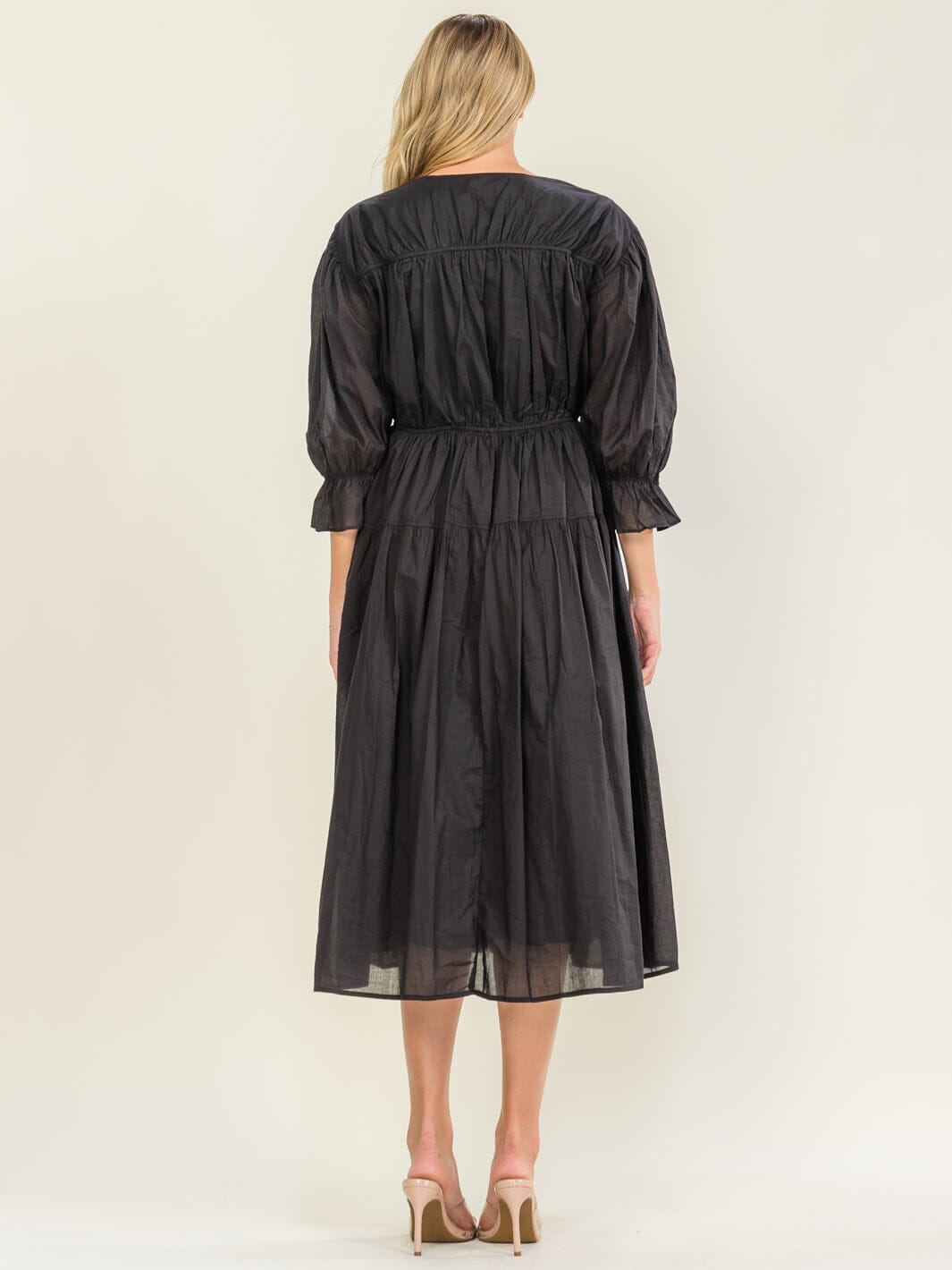 WOMEN'S 3/4 SLEEVE V-NECK ELASTIC WAIST MAXI DRESS