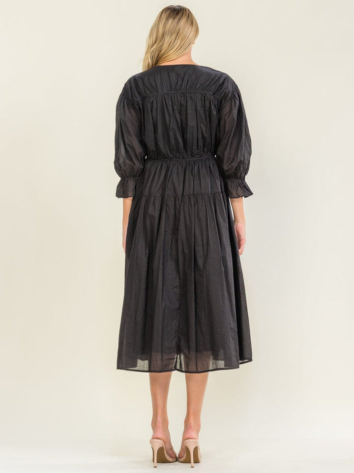 WOMEN'S 3/4 SLEEVE V-NECK ELASTIC WAIST MAXI DRESS