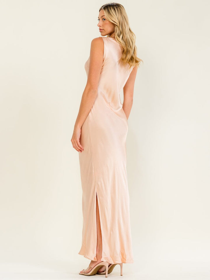 WOMEN'S SLEEVELESS COWL NECK SIDE SLIT BODYCON MAXI DRESS
