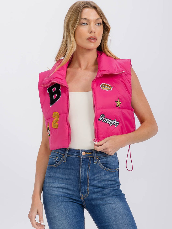 WOMEN'S SLEEVELESS ZIPPER CLOSURE PATCH PUFFER VEST