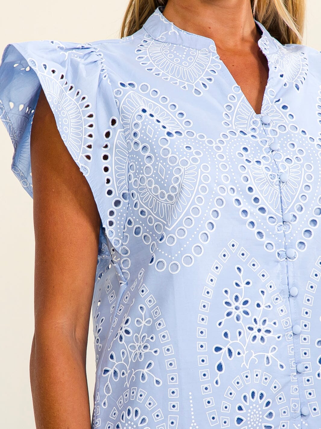WOMEN'S SHORT SLEEVE BUTTON UP EYELET DETAILED BLOUSE