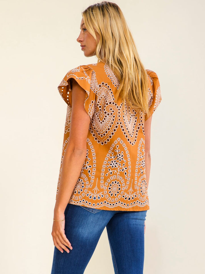 WOMEN'S SHORT SLEEVE BUTTON UP EYELET DETAILED BLOUSE