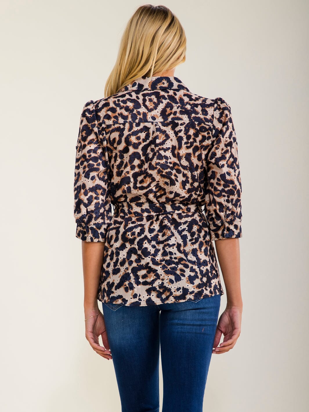 WOMEN'S SHORT SLEEVE BUTTON UP SELF TIE ANIMAL PRINT EYELET BLOUSE