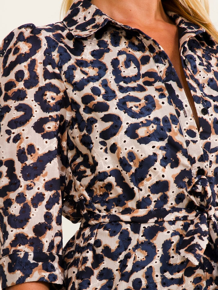 WOMEN'S SHORT SLEEVE BUTTON UP SELF TIE ANIMAL PRINT EYELET BLOUSE