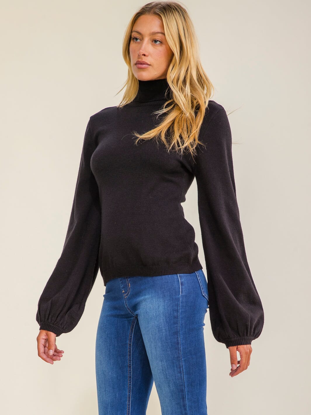 WOMEN'S LONG BALLOON SLEEVES TURTLE NECK TOP