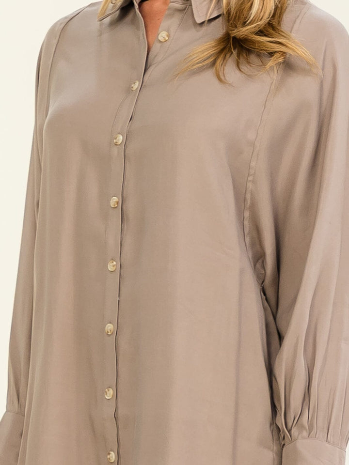 WOMEN'S LONG SLEEVE BUTTON CLOSURE FRONT POCKETS TUNIC MINI DRESS