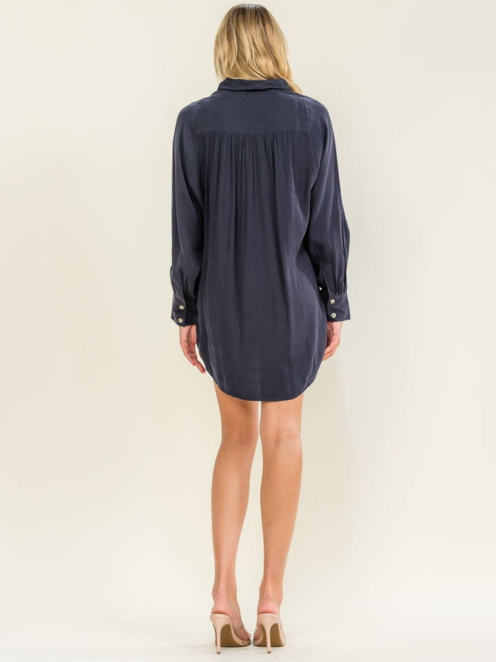 WOMEN'S LONG SLEEVE BUTTON CLOSURE FRONT POCKETS TUNIC MINI DRESS